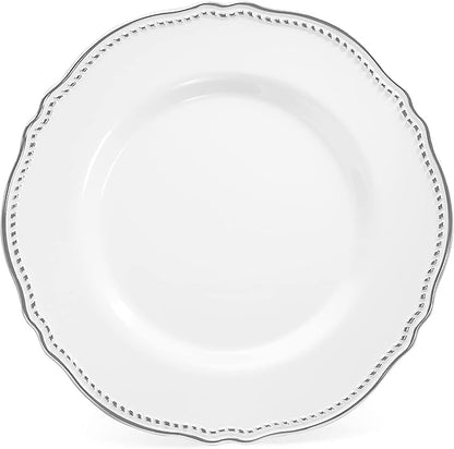 " OCCASIONS " 50 Plates Pack (25 Guests)-Heavyweight Wedding Party Disposable Plastic Plate Set -25 x 10.25'' Dinner + 25 x 7.5'' Salad/dessert plates (Rochelle White and Silver)