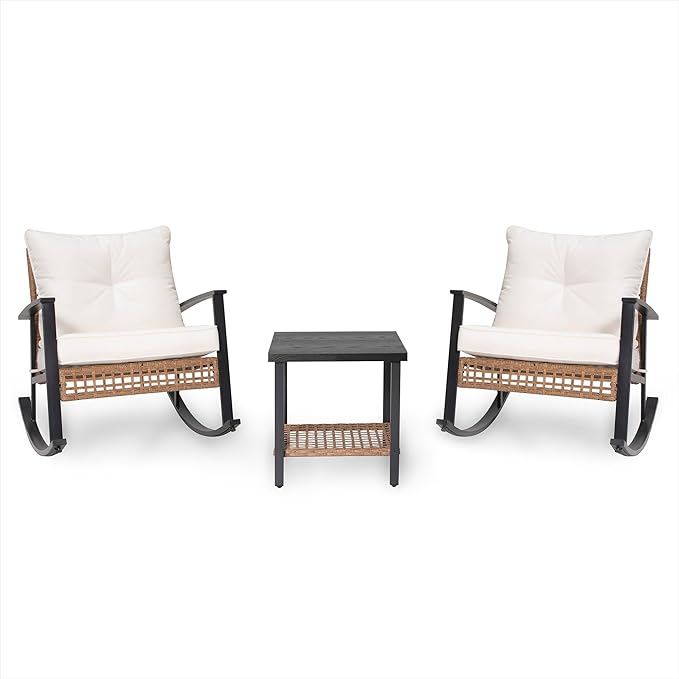LAUSAINT HOME 3-Piece Rocking Bistro Set, Outdoor Chair Patio Furniture with Thick Cushions and 2-Tier CoffeeTable, Oversize Rattan Conversation Set for Garden, Balcony, Backyard (Beige)