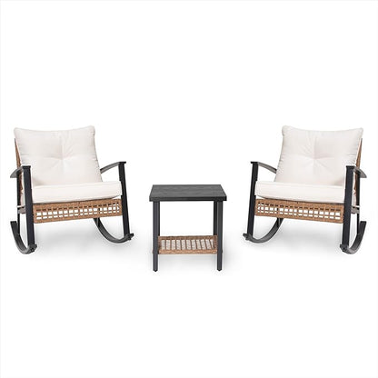LAUSAINT HOME 3-Piece Rocking Bistro Set, Outdoor Chair Patio Furniture with Thick Cushions and 2-Tier CoffeeTable, Oversize Rattan Conversation Set for Garden, Balcony, Backyard (Beige)
