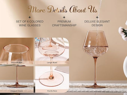 Physkoa Peach Burgundy Wine Glasses Set of 6 – Hand Blown Long Stem Wine Glasses, Lead-Free Crystal Goblets for Red & White Wine, Elegant Party Glassware for Home & Entertaining