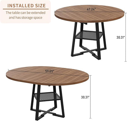Extendable Round Dining Table for 4-8, 47 Inch Dining Room Table with Storage, Sturdy Metal Frame & Thickened Panel, Circle Dinner Tables for Dining Room, Kitchen, Living Room (Walnut)