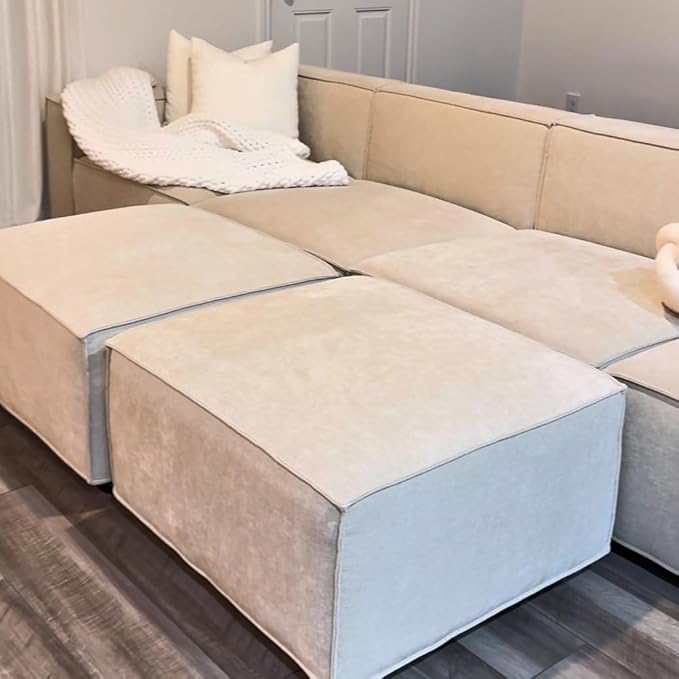 Acanva Luxury Modular Sectional Living Room Sofa Set, Modern Minimalist Style Couch with Ottoman and Chaise, U-Shape, Linen-Like Cream