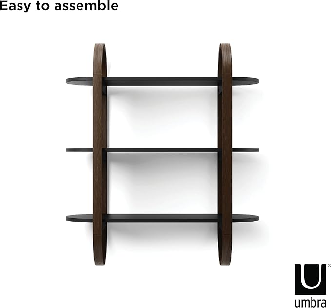 Umbra Bellwood Wall-Mount Book Shelf Display Case with Three Shelves, Black/Walnut