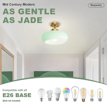 Mid Century Modern Ceiling Lamp 1-Light Gold Ceiling Light Classic Green Glass Shade Vintage Design Glass Flush Mount Lights for Hallway Living Room Kitchen (Mint Green)