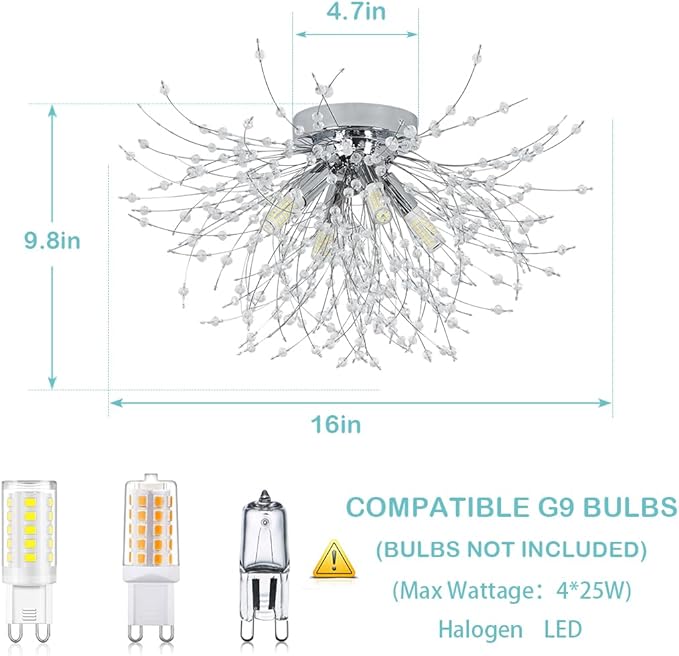 HMVPL Chrome Crystal 4-Light Mini Firework Ceiling Light Fixture, Modern Sputnik Chandelier, Suitable for Bedroom, Kitchen, Hallway, Closet, Dining Room