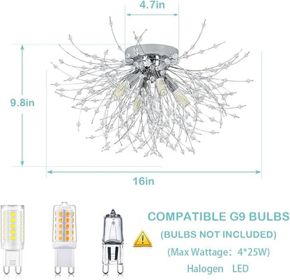 HMVPL Chrome Crystal 4-Light Mini Firework Ceiling Light Fixture, Modern Sputnik Chandelier, Suitable for Bedroom, Kitchen, Hallway, Closet, Dining Room