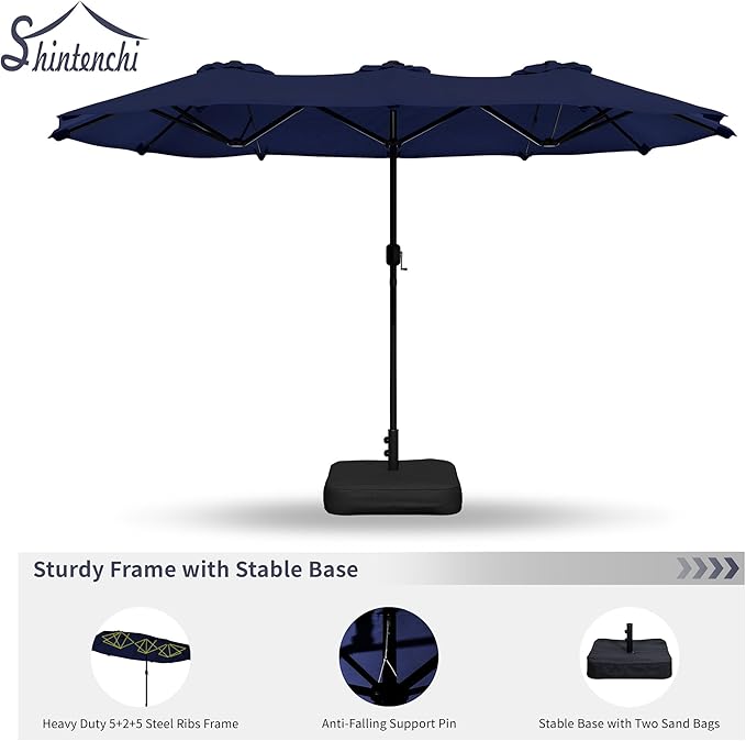 Shintenchi 16FT Large Patio Umbrella with Base, Outdoor Double-Sided Rectangular Umbrella, Market Umbrella with Crank Handle for Poolside Lawn Garden, Dark Blue