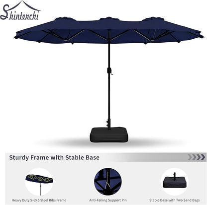 Shintenchi 16FT Large Patio Umbrella with Base, Outdoor Double-Sided Rectangular Umbrella, Market Umbrella with Crank Handle for Poolside Lawn Garden, Dark Blue
