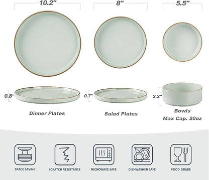 Famiware Nebula Plates and Bowls Sets for 4, 12 Pieces Stoneware Dinnerware Set, Microwave and Dishwasher Safe Dishes Set, Light Green with Brown Rim
