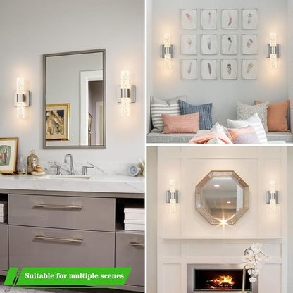 Brushed Nickel Wall Sconces Set of 2, LED Bathroom Vanity Light Fixtures, Hardwired Crystal Sconces Wall Lighting Over Mirror, LED Wall Mount Lights for Bedroom Hallway Indoor, 10W 3000K