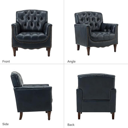 HULALA HOME Mid Century Modern Leather Club Chairs, Top-Grain Genuine Leather Armchairs with Button-Tufted Back & Solid Wood Legs, Accent Chairs for Living Room/Bedroom/Home Office, Navy