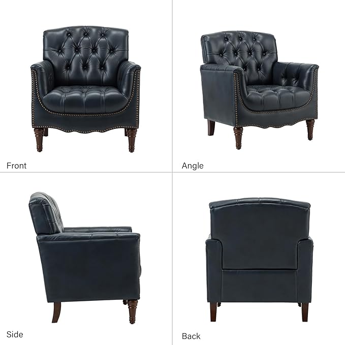 HULALA HOME Mid Century Modern Leather Club Chairs Set of 2, Top-Grain Genuine Leather Armchairs with Button-Tufted Back & Solid Wood Legs, Accent Chairs for Living Room/Bedroom/Home Office, Navy