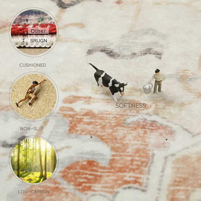 Washable Rugs 8x10 Area Rugs for Living Room,Rugs for Bedroom,Large Carpets,Ultra Soft Faux Wool Retro Dining Room Rug,Non Slip&Non-Shedding Low Pile Vintage Print Rug for Home Office,Orange