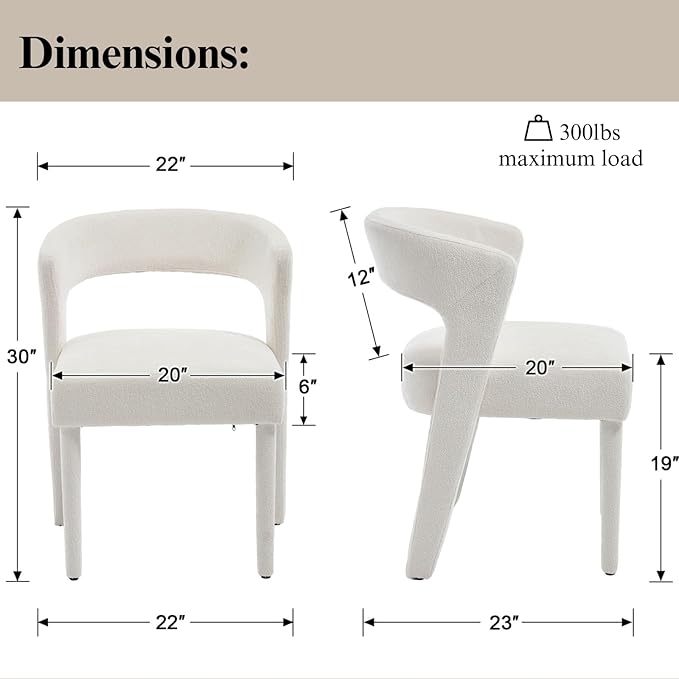 DUOMAY Modern Dining Chairs Set of 2, Chenille Fabric Upholstered Kitchen Chair with Curved Open Back Accent Side Chairs Dining Room Chairs with Wood Legs, White