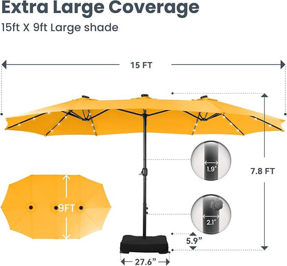 PHI VILLA 15ft Large Patio Umbrella with Solar Lights, Double-Sided Outdoor Market Rectangle Umbrellas with 36 LED Lights, Umbrella Base (Stand) Included, Golden Yellow