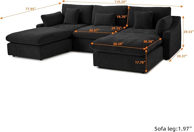 Cloud Couch Modular Sectional Sofa,119.29" U Shaped Couch, Oversized Down Filled Convertible Wide Seater,3 Seater with 2 Ottomans for Living Room Set, Covers Washable&,Black