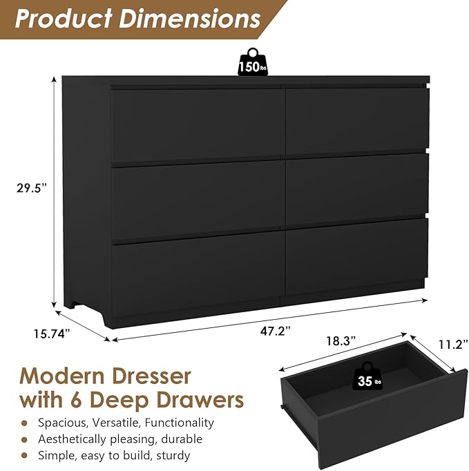 Dresser for Bedroom,Modern Large Wood Dresser,6 Chest of Drawers,Living Room,Hallway,Entryway,TV Stand Drawer Organizer(Black)