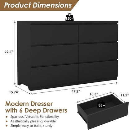 Dresser for Bedroom,Modern Large Wood Dresser,6 Chest of Drawers,Living Room,Hallway,Entryway,TV Stand Drawer Organizer(Black)