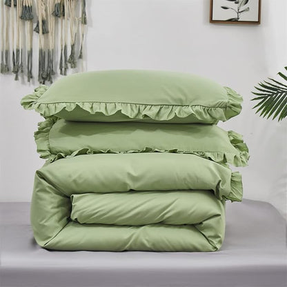 CLOTHKNOW Green Ruffle Comforter Twin/Twin XL Sage Green Bedding Comforter Sets Farmhouse Shabby Chic Comforter Set Vintage Rustic Soft