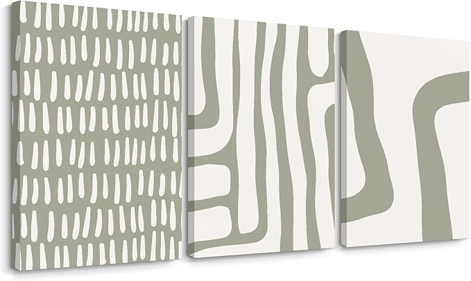 Minimalist Neutral Wall Art Decor Sage Green Boho Canvas Poster Abstract Modern Painting Wall Art Mid Century Beige Pictures Prints Gallery Line Wall Art for Bedroom 16x24 Inch Wrapped Canvas Set of 3
