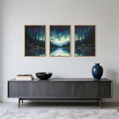 HOURIA Northern Lights Forest Lake Framed Canvas Wall Art Set,Aurora Borealis Mountain Wall Decor,Night Sky Reflective Water Artwork,Modern Wilderness Landscape Prints for Living Room,Office-16"x24"x3