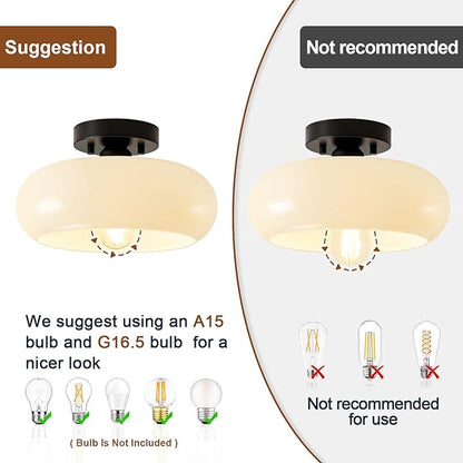 Mid-Century Modern Semi Flush Mount Ceiling Light, Metal Kitchen Light Fixture with Glass Shade,Vintage White and Black Colse to Ceiling Lamp for Entryway Hallway Bathroom (11.0 Inch)