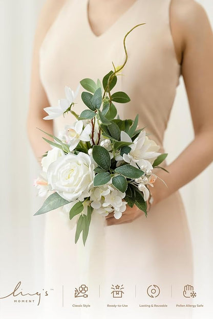 Ling's moment Artificial Flowers White Bridesmaid Bouquet, White & Sage Wedding Flowers Bouquets for Bridesmaids, 7 Inch Bridal Bouquets for Bridesmaids, Wedding, Ceremony, Anniversary, etc