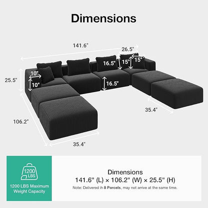 Novilla Modular Sectional Sofa, Modern Cloud Sectional Couch with Smarts Coil™ Support, U-Shape Boneless Couch for Living Room Apartments Bedroom, No Assembly Required (4 Seater + 4 Ottoman)
