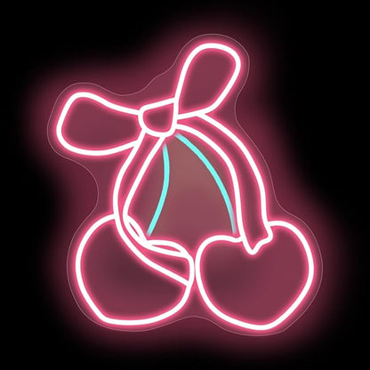 Pink Cherry Bow LED Neon Sign, Girly Heart Coquette Cherry Trendy Wall Art Neon Light Girl's Bedroom Home Dorm Salon Wall Decor for Kids Room,Restaurant,Bar,Fruit Shop,Home, Wedding Supplies