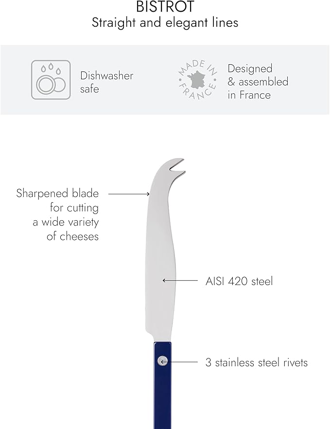 Cheese Knife 9.4 inches - Bistrot Collection - All Cheeses - Stainless Steel & Nylon - Dishwasher Safe - Navy Blue - Brilliant Finish