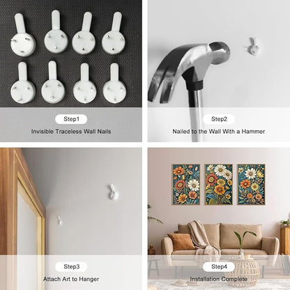 HOURIA Retro Boho Flower Framed Canvas Wall Art Set,Colorful Wilderness Floral with Green Leaves Wall Decor,Nature Botanical Wall Painting,Vintage Bouquet Art Prints for Living Room, Bedroom-24"x36"x3