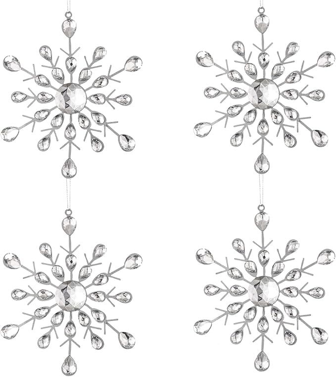 Reinstone 4pcs Silver Sparkling Snowflake Christmas Ornaments - Large Hanging Snowflake Ornaments for Christmas Tree Winter Supplies