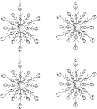 Reinstone 4pcs Silver Sparkling Snowflake Christmas Ornaments - Large Hanging Snowflake Ornaments for Christmas Tree Winter Supplies