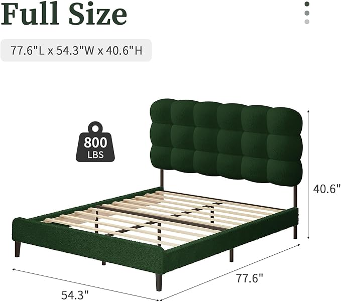 BarnFurin Full Size Bed Frame with Upholstered Headboard, Teddy Soft Boucle Fabric, Platform Bed with Strong Wooden Slats Support, Two Bed Forms Design, No Boxing Spring Needed, Easy Assembly, Green