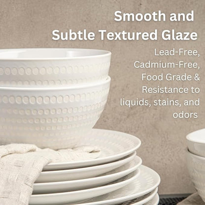 BZYOO Ceramic Dinnerware Set Serive for 4 (12 Pieces), Stoneware Plates and Bowls for Dining Pearl White Dishes Set With DOTDOT Design, Microwave Safe (12 PCS Dishes and Bow set, Bijou Collection)