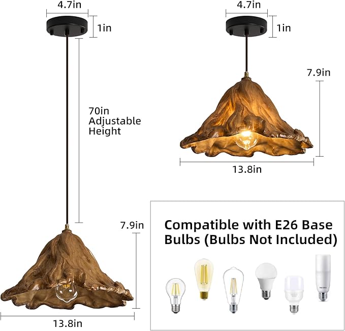 Pendant Lights Kitchen Island, 14.2in Brown Retro Ruffled Pendant Light Hanging Lamp Kitchen Island Farmhouse Vintage Light for Dining Room Bedroom Hallway Restaurant Foyer