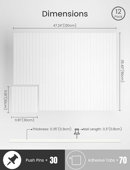 Bumusty Large Cork Board Alternative-47 x35 Felt Bulletin Board Tiles, with 30 Pushpins, 70 Adhesive Tabs, 12-Pack Slat Wall Paneling, Cork Boards for Office Push Pin Board Felt Board-Milky White