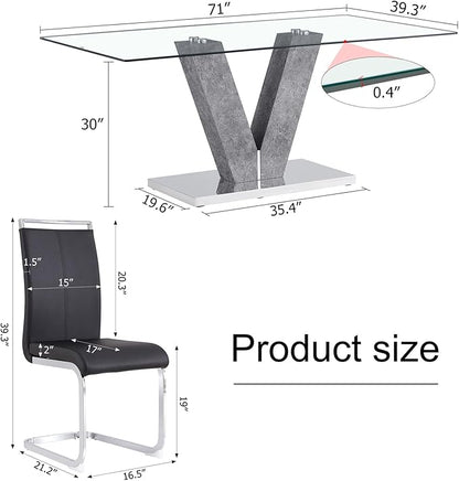71" Glass Dining Table Set for 6, Kitchen Table and 6 PU Leather Chairs, Dining Table Set Ideal for Living Room