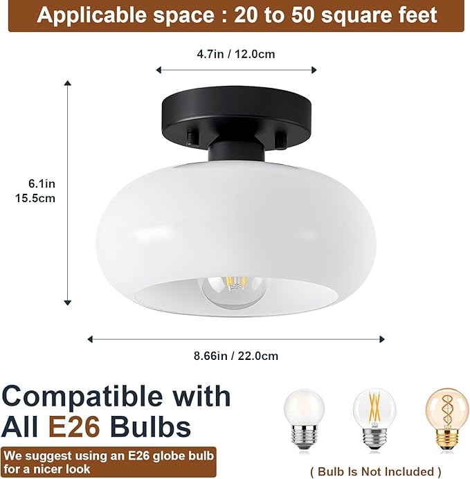 Mid-Century Modern Semi Flush Mount Ceiling Light, Metal Kitchen Light Fixture with Glass Shade, Mini White and Black Colse to Ceiling Lamp for Entryway Hallway Bathroom (8.66 Inch)