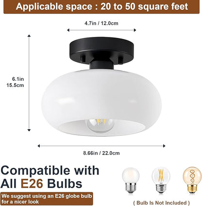 Mid-Century Modern Semi Flush Mount Ceiling Light, Metal Kitchen Light Fixture with Glass Shade, Mini White and Black Colse to Ceiling Lamp for Entryway Hallway Bathroom (8.66 Inch)