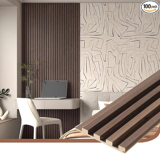 2PCS Wood Slat Acoustic Wall Panels for Ceiling and Wall Decor 3D Fluted Sound Absorbing Textured Panel with Wood Finish 108"×6" (Cherry Dark)