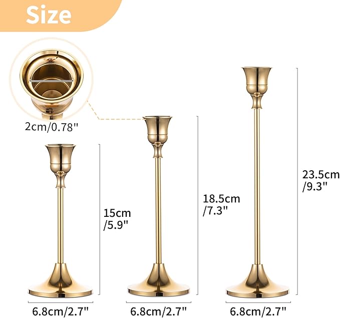2 Sets(6 Pcs) Brass Gold Metal Taper Candle Holders Candlestick Holders, Vintage Modern Decorative Centerpiece Candlestick Holders for Table Mantel Wedding Housewarming Gift