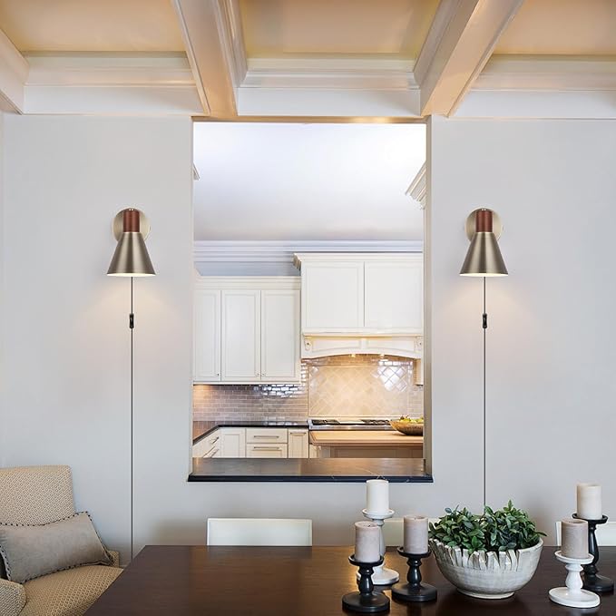 Plug in Wall Sconces Lighting Fixture Pack of 2, Vintage Brass Wooden Adjustable Bedside Wall lamp for Industrial Bedroom, Bathroom Sink Lighting (Plug-in Vintage Brass, 2)