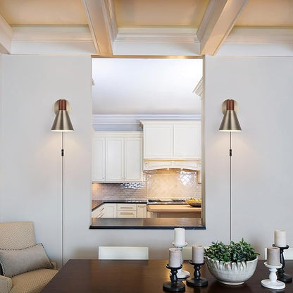 Plug in Wall Sconces Lighting Fixture Pack of 2, Vintage Brass Wooden Adjustable Bedside Wall lamp for Industrial Bedroom, Bathroom Sink Lighting (Plug-in Vintage Brass, 2)