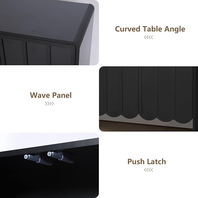 ORRD Sideboard Buffet Cabinet, Accent Storage Cabinets with 4 Doors, Farmhouse Wood Cabinet with Adjustable Shelves and Wave Panel for Living Room, Dining Room, Entry - Black