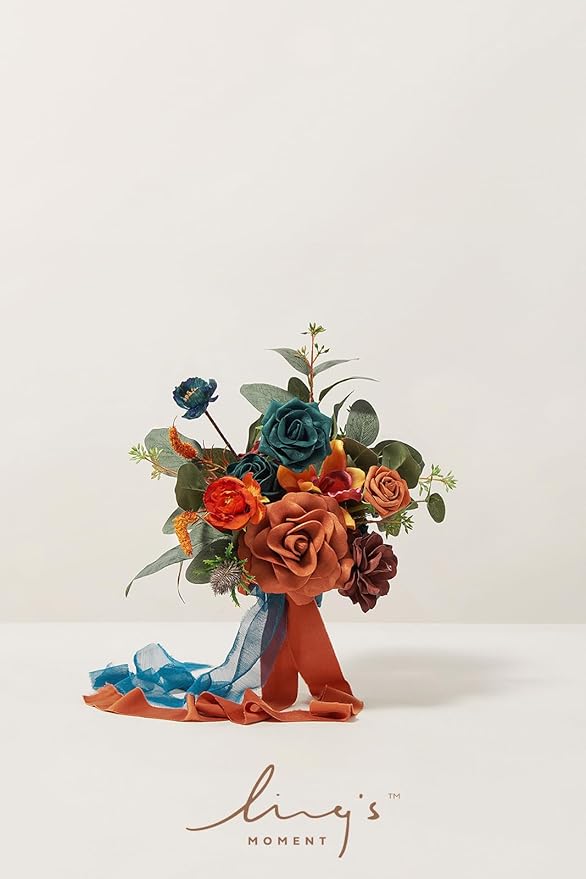 Ling's moment Artificial Flowers Teal Bridesmaid Bouquet, Burnt Orange Wedding Flowers Bouquets for Bridesmaids, 7 Inch Bridal Bouquets for Bridesmaids, Wedding Decor, Ceremony, etc.