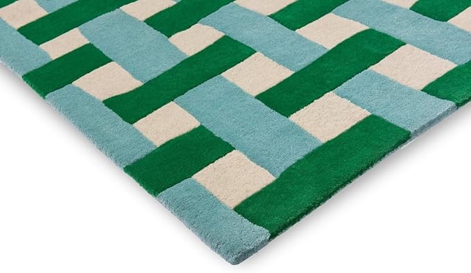 Emerald Green and Aquamarine Hand-Tufted Wool Area Rug 6x9 Ft – Modern Checkered Basketweave Carpet for Bedroom, Living Room, Nursery – Plush, Artistic, Durable