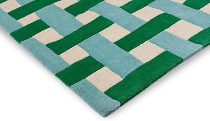 Emerald Green and Aquamarine Hand-Tufted Wool Area Rug 9x13 Ft – Modern Checkered Basketweave Carpet for Bedroom, Living Room, Nursery – Plush, Artistic, Durable