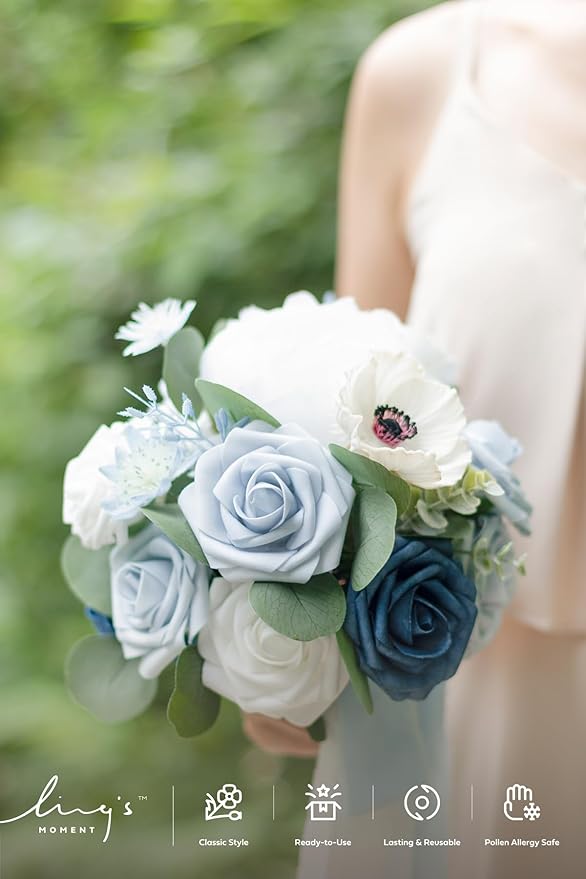 Ling's Moment Artificial Flowers Dusty Blue Bridesmaid Bouquet, Blue & White Wedding Flowers Bouquets for Bridesmaids, 7 Inch Bridal Bouquets for Bridesmaids, Wedding, Ceremony, Anniversary, etc