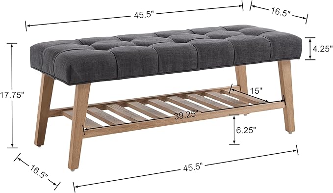 Farmhouse Storage Entryway Bench with Shoe Shelf, Linen Fabric Upholstered 2 Tier Button Tufted Bench with Wooden Frame for End of Bed/Hallway/Reception/Living Room, Charcoal